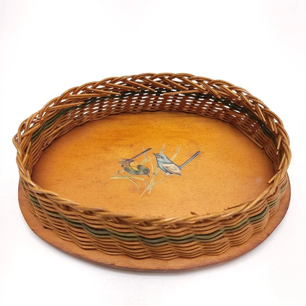 Vintage Wicker Rattan Woven Basket Tray Song Bird Boho Farmhouse MCM 10